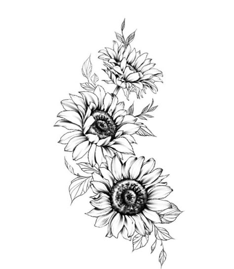 Side Sunflower Tattoo, Western Sunflower Tattoo, Sunflower And Daisy Tattoo, Sunflower Vine Tattoo, Sunflower Bouquet Tattoo, Shoulder Sunflower Tattoo, Sunflower Reference, Botanical Tattoo Sleeve, Learning To Tattoo