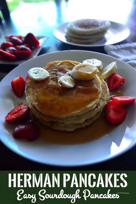 Sourdough starter adds a wonderful flavor to the pancakes. With the starter it is easy to make delicious pancakes that are fluffy without adding a ton of baking soda. These are great for breakfast or brunch. Sourdough Flavors, Herman Starter, Amish Friendship Bread Starter Recipes, Friendship Bread Recipe, Friendship Bread Starter, Yummy Pancake Recipe, Friendship Bread, Delicious Pancakes, Sourdough Pancakes