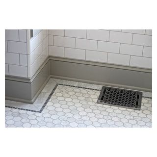 Victorian Bathroom Restoration - Traditional - Boston - by QUARTER design studio | Houzz Victorian Bathroom Tiles, Bathroom Baseboard, White Tiled Bathroom, Tile Baseboard, Bathroom Restoration, Victorian Bathrooms, Baseboards And Trim, Baseboard Styles, Marble Bathroom Designs