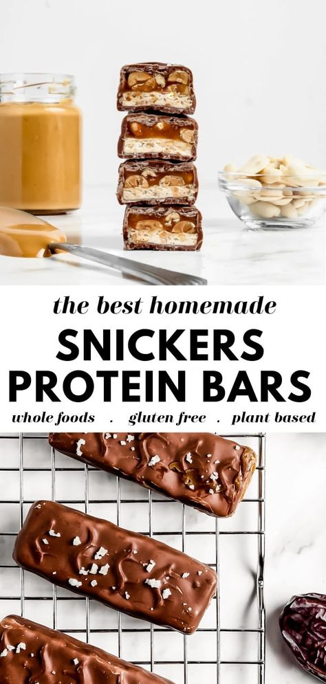 Try this recipe for a healthy homemade vegan protein packed snickers bar. These raw bars are so incredibly delicious and easy, and make a great healthy treat or snack (or post-workout option!). Protein Twix Bars, Snickers Protein Bar, Protein Snickers, Healthy Snickers, Snickers Protein, Healthy Protein Bars, Healthy Protein Meals, Protein Bars Homemade, Homemade Snickers