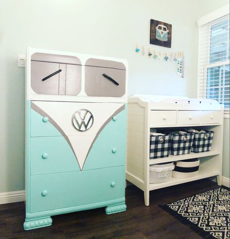 VW bus nursery Vw Nursery, Vw Bus Nursery, Hippy Nursery, Hippie Baby Nursery, Crib Makeover, Hippie Nursery, Nerdy Baby, Repurposed Dresser, Hippie Baby