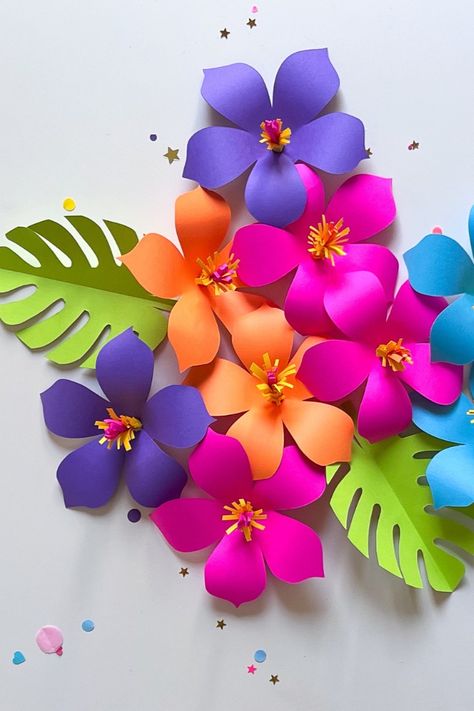 Hibiscus Craft Preschool, Tropical Paper Flowers Diy, Hibiscus Flower Craft, Flower Leaf Template, Hawaiian Paper Flowers, Diy Hibiscus Flower, Tropical Paper Flowers, Diy Paper Leaf, Mother's Day Crafts For Preschoolers