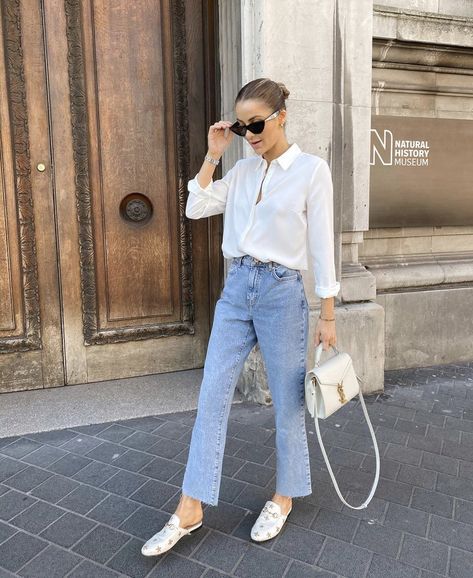 Jeans Outfit Dressy, Nadia Anya, White Denim Outfit, White Shirt Outfits, Dressy Shirts, Casual Chique, All Jeans, Jeans Outfit, Spring Outfits Casual