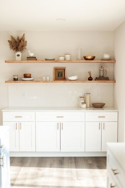 One Wall Kitchen Open Shelves, Kitchen Bar Open Shelving, Kitchen Inspo Open Shelves, Open Shelves Above Kitchen Cabinets, Long Shelves In Kitchen, Oak Open Shelves Kitchen, Dining Open Shelving, Add On Cabinets In Kitchen, Kitchen Wall Open Shelves