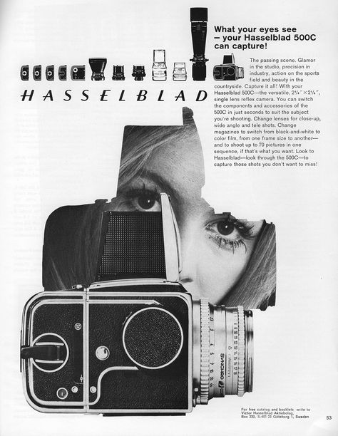 Two print advertisements for Hasselblad cameras from 1970. Single Lens Reflex Camera, Fotocamere Vintage, Camera Tricks, 광고 디자인, Analog Photography, Old Cameras, Classic Camera, Photo Equipment, Old Camera