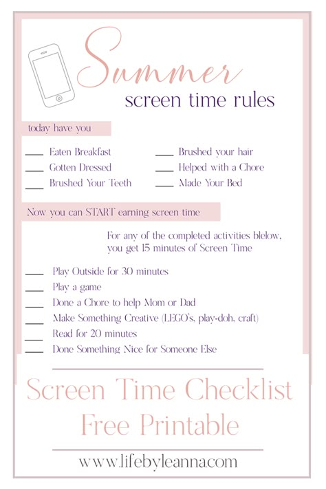 Summer Cleaning Schedule For Kids, Screen Time Chore Chart, Less Screen Time Ideas, Summer List Before Screen Time, Summer Chores Before Screen Time, Kids Summer Schedule Screen Time, Screen Time Chart By Age, Screen Time Checklist For Kids, Homeschool Screen Time Rules