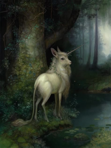 Mythical Creatures Forest, Forest Creatures Mythical, Unicorn Paintings, Forest Unicorn, Annie Stegg, Unicorn Forest, Magic Creatures, Unicorn Painting, Fantasy Garden