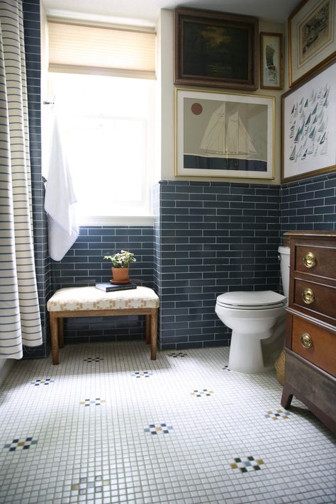 New England Bathroom, Mosaic Bathroom Floor, Guest Bathroom Renovation, Mosaic Bathroom, Fireclay Tile, Nautical Bathrooms, One Room Challenge, Boys Bathroom, Challenge Week