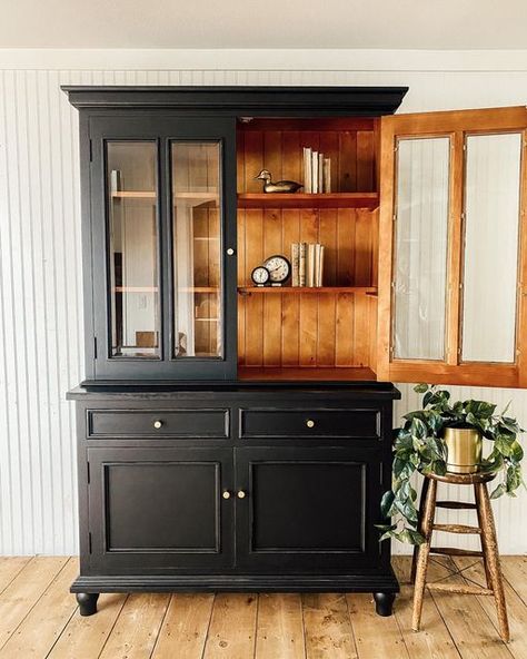 Refurbished Cabinets, Living Room Hutch, Dining Hutch, Hutch Makeover, Dining Room Hutch, Diy Furniture Renovation, Black Furniture, So Busy, Furniture Renovation