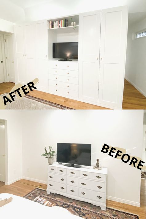 Ikea Drawer Built In, Ikea Wardrobe Hack With Tv, Closet Built Ins Bedroom, Ikea Wardrobe In Bedroom, Ikea Built In Bedroom Storage, Pax System Hack, Custom Built Closet, Create A Closet Where There Is None, Master Closet Cabinets