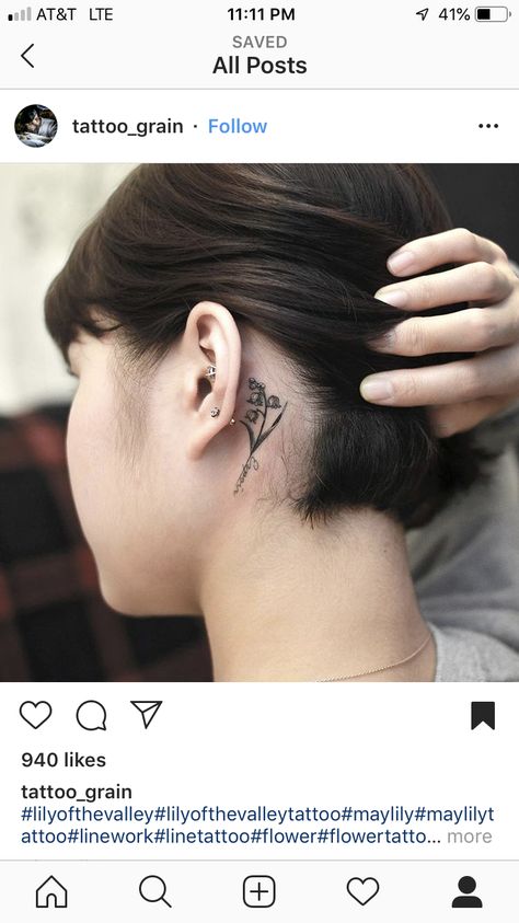 Lilly Of The Valley Tattoo Behind Ear, Lily Of The Valley Ear Tattoo, Small Lily Tattoo, Tattoo Behind The Ear, Lily Of The Valley Tattoo, Flower Vine Tattoos, Valley Tattoo, Lily Tattoo Design, Behind Ear Tattoos