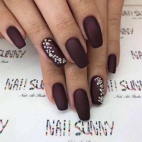 Burgundy Matte Nails, Burgundy Acrylic Nails, Burgundy Nail Designs, Gel Acrylic Nails, Nails Design With Rhinestones, Burgundy Nails, Disney Nails, Nail Swag, Fall Nail