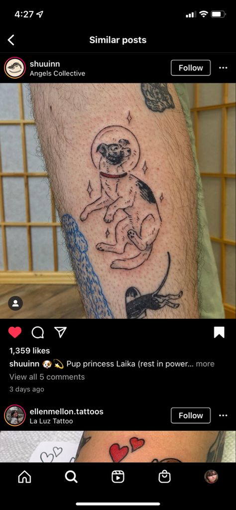 Laika Tattoo Dogs, Laika Dog Tattoo, Space Cow Tattoo, Stranger In The Alps Tattoo, Laika Space Dog Tattoo, Space Dog Tattoo, Laika Tattoo, Laika Art, Lab Tattoo