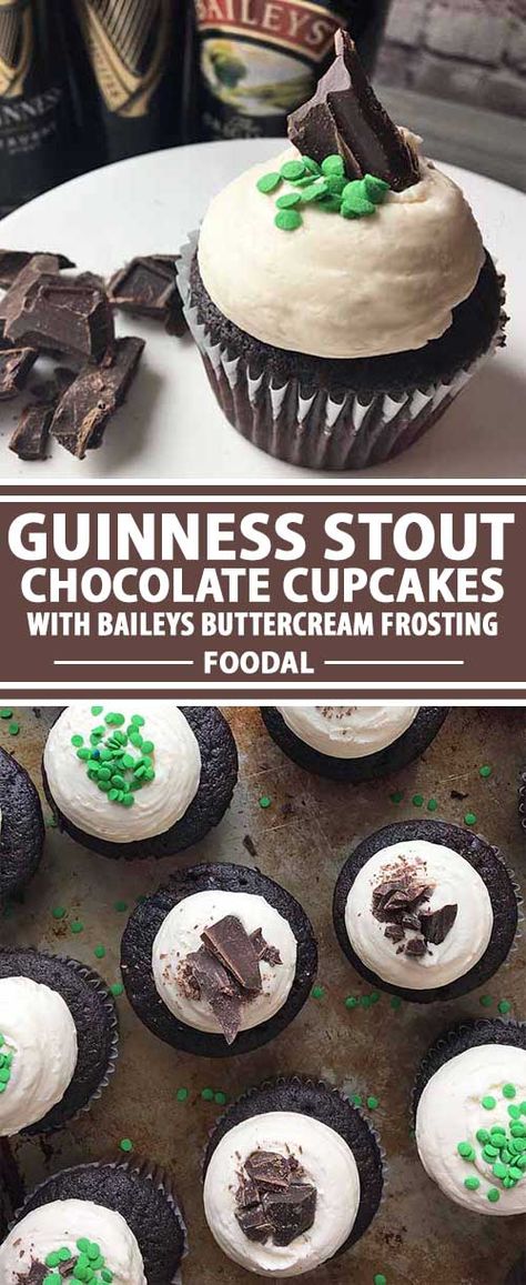 Guiness Desserts St Pattys, Guinness Chocolate Cake With Bailey's Buttercream, Cupcake Catering, Guiness Cupcakes, Whimsical Desserts, Alcohol Treats, Baileys Buttercream, Cupcake Flavours, Guinness Cupcakes