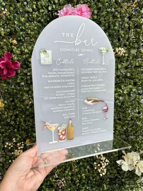 💕 Frosted Acrylic Wedding Bar Sign, Wedding Signage, Wedding Bar Menu, Custom Bar Sign, Signature Drinks, 2mm hard Acrylic, Included stand Crafted from high-quality frosted acrylic, this sign features a unique combination of textures that catches the light and creates a mesmerizing visual effect. The frosted background adds a subtle and ethereal touch, while the White exudes glamour and luxury. Designed to guide your guests to the enchanting world of libations, this bar sign is not only functio Unique Wedding Displays, Simple Garden Party Wedding, Pastel Wedding Signage, Wedding Bar Drinks, Bar Sign Wedding Signage, Bar Signage Wedding, Wedding Bar Signs, Wedding Bar Ideas, Wedding Bar Signage