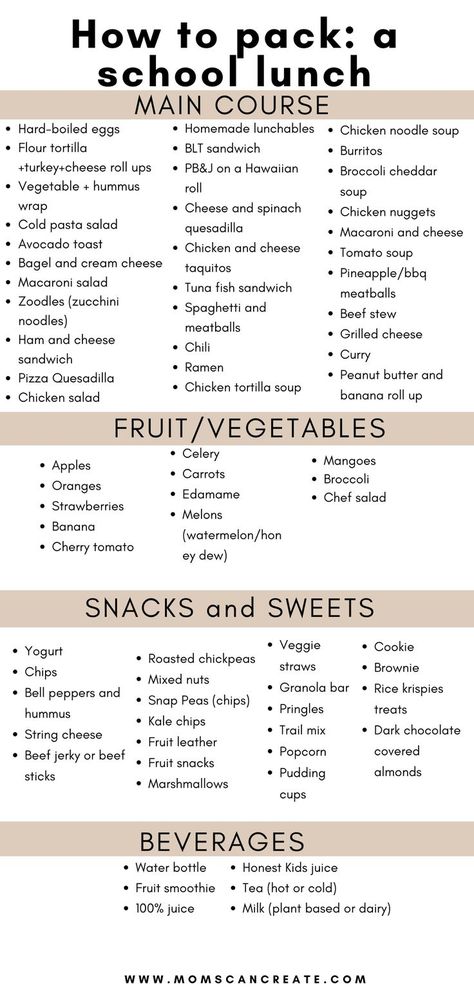 A list of ideas for packing a school lunch for your child. a list of main course ideas, fruits and vegetables, snacks and sweets, and lastly beverage ideas. Ideas For School Lunches, Quick School Lunches, Lunch Ideas Kids, Kids Lunch Ideas, Kids Lunch Box Meals, Easy School Lunches, School Routine For Teens, School Lunch Recipes, School Preparation