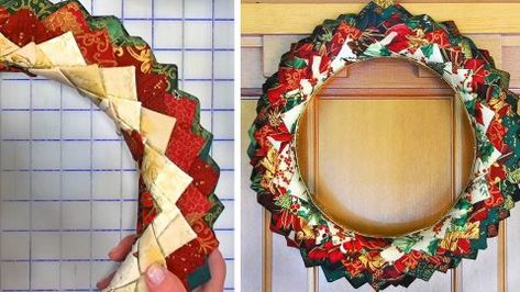 Quilted Christmas Wreaths, Fabric Wreaths Diy No Sew Christmas, Christmas Sewing Wreath, Fabric Christmas Wreath Diy, Fabric Wreaths Diy, Fabric Wreaths Diy No Sew, Square Wreath Ideas Diy, Folded Fabric Wreath, Quilted Christmas Wreath