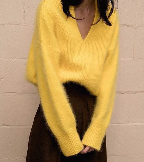 Trending Fashion Ideas, Fashion Trend Board, Vanessa Jackman, Yellow Knit Sweater, Pullovers Outfit, Angora Sweater, Trending Fashion Outfits, Yellow Sweater, Getting Dressed