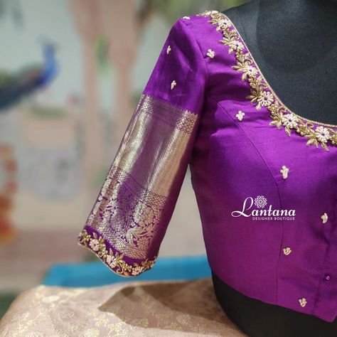 Elegance in Purple Embroidered perfection Purple blouse featuring intricate floral embroidery along the neckline &sleeves .Designed with Elegant tassels💜 @lantanaboutiquebangalore Marathahalli, Bangalore #fashion #purple #blousedesigns #embroiderydesign #neckline #sleeves #floralembroidery #tassels #bridalwarecollection #bridalembroidery #bridesofindia #bridesofinstagram #trending #new #posts #post #instapost #saree Elegant Silk Blouse Designs, Latest Simple Maggam Work Designs For Blouses, Purple Blouse Maggam Work, Purple Saree Blouse Designs, Purple Maggam Work Blouse Designs, Trendy Front Neck Blouse Designs, Blouse Latest Designs Fashion Trends, Purple Blouse Designs For Saree, Aari Work Pattern