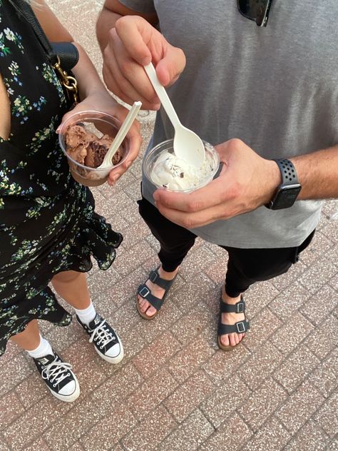 Girl wearing black dress and boy holding ice cream Couple Eating Ice Cream, Couple Ice Cream, Nyc Ice Cream, Couple Eating, Book Edits, Dream Dates, Secret Photo, Couples Walking, Eating Ice