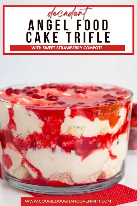 Decadent Angel Food Cake Trifle with Strawberry Compote! Layers of light, fluffy angel food cake are combined with a rich strawberry sauce and creamy whipped topping for a simple yet show-stopping dessert. Cream Cheese Custard, Angel Food Trifle, Angel Food Cake Trifle, Homemade Angel Food Cake, Cake Trifle, Strawberry Angel Food Cake, Trifle Dessert Recipes, Angel Food Cake Desserts, Sugar Free Baking