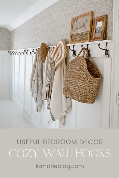 Useful bedroom decor with cozy vintage wall hooks. Bedroom Hooks Ideas, Guest Room Wall Hooks, Hooks Bedroom Wall, Shelf With Hooks Bedroom, Closet Wall Hook Ideas, Bedroom Hooks On Wall For Clothes, Hooks On Wall Bedroom, Hook Decorating Ideas, Hooks On Bedroom Wall