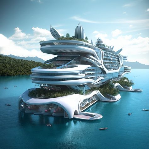 A multi tiered futuristic cruise ship docked in the Bahamas designed by Midjourney AI Cruise Ship Design Concept, Futuristic Cruise Ship, Futuristic Yacht, Futuristic Ship, Roblox Kid, Luxurious Yachts, Holiday Destinations In India, Yacht Aesthetic, Luxury Yacht Interior