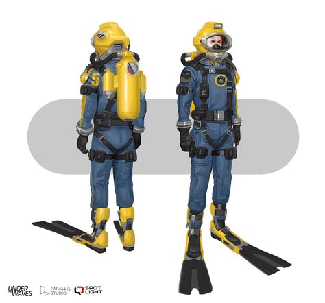 ArtStation - Under the waves - Diving suit concepts Deep Sea Diving Suit, Deep Sea Diver Art, D20 Modern, Diver Art, Adventure Quest, Deep Sea Diver, Deep Sea Diving, Diving Suit, Concept Art Character