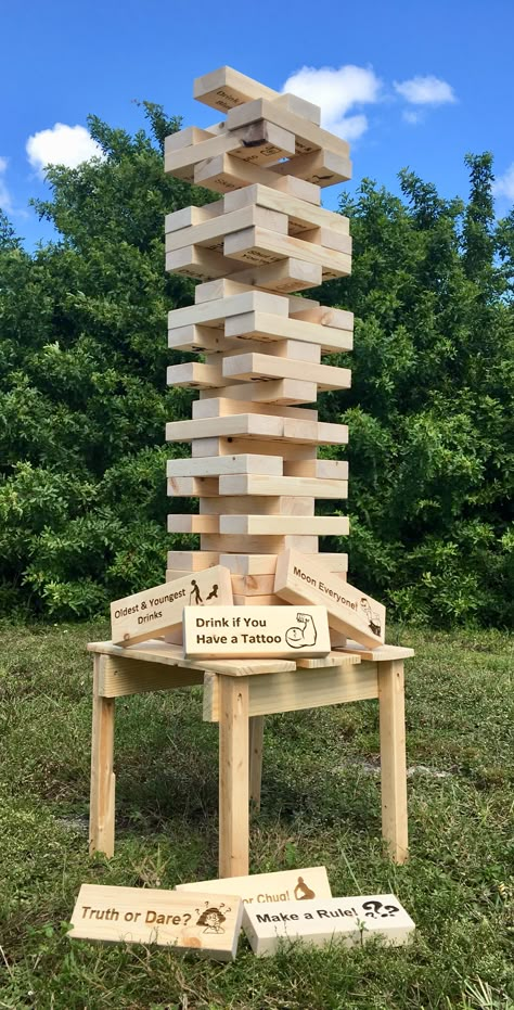 Big Jenga, Large Jenga, Jenga Drinking Game, Graduation Party Checklist, Outdoor Yard Games, Game Wood, Diy Yard Games, Graduation Party Games, Jenga Game