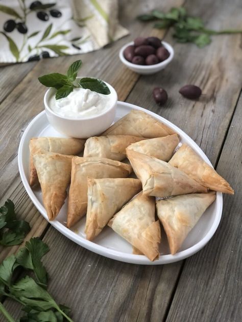 Spanakopita Triangles, Greek Spanakopita, Greek Pastry, Savoury Pastry, Vegetarian Appetizer, Greek Pastries, Spinach Pie, Spinach Feta, Mint Sauce