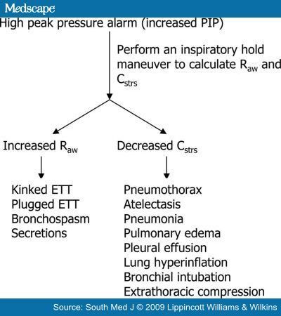 In conditions where the lung compliance is decreased (e.g. atelectasis), the Pplat pressure and PIP are both increased (think AB=Atelectasis is Both increased).  On the other hand, in conditions where the airflow resistance is increased (e.g bronchospasm), the peak inspiratory pressure (PIP) is increased while the plateau pressure (Pplat) stays UNCHANGED. In regards to vent leaks, rule of thumb is "leaks prevent pressure buildup, & obstruction cause pressure buildup". Lung Compliance, Respiratory Student, Respiratory Therapy Notes, Respiratory Therapy Student, Nurse Anesthesia, Lung Anatomy, Paramedic School, Respiratory Problems, Nursing Assessment