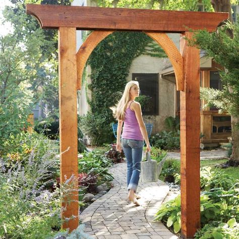 Build A Garden Arch...    This classic garden arch has just six parts and can be built in less than a day. Create a gateway, frame a walkway in a hedge, or make it part of a trellis or pergola. Gazebos Ideas, Diy Garden Arch, Arch Garden, Garden Archway, Taman Diy, Arbor Wedding, Gate Ideas, Hills Wedding, Outdoor Pavilion