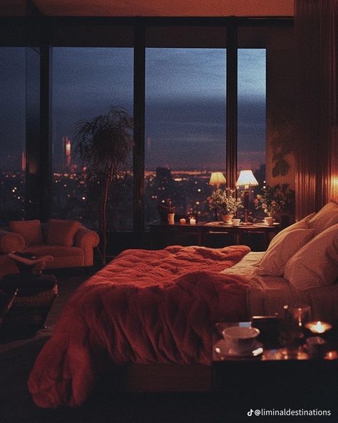 Japan Penthouse, 80s Interior Design Bedroom, Outerior Design, 80s Penthouse, 1980s Bedroom, Penthouse Aesthetic, Penthouse Bedroom, Red Apartment, Futuristic Bedroom