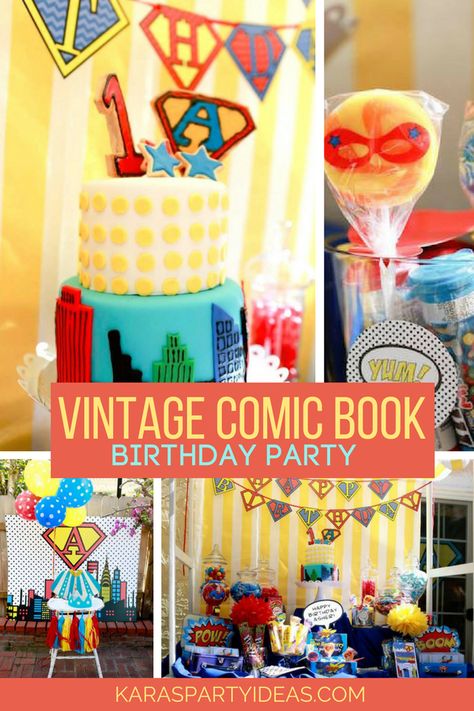 Comic Book Birthday Party, Vintage Superhero Party, Book Themed Party Decorations, Vintage Highchair, Book Birthday Parties, Comic Party, Photo Boots, Book Themed Party, Birthday 10