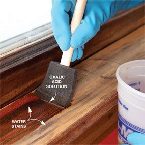 Trim Repair: How to Fix and Revive Trim  Photo 3: Bleach out dark stains Old Wood Trim, Wood Window Sill, Stained Wood Trim, Stained Trim, Trim Carpentry, Baseboard Trim, Wood Repair, The Family Handyman, Storing Paint