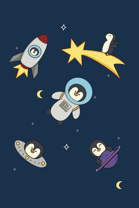 Space Penguin, Stars Drawings, Penguin Poster, Alien Birthday, Space Unicorn, Bedroom Mural, Penguin Cartoon, Penguin Illustration, Star Space