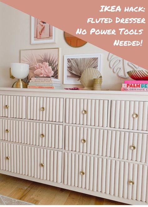 Ikea hemnes dresser bedroom blush pink fluted ikea hack diy diy project craft ideas inspo Adding Feet To Malm Dresser, Fluted Dresser Makeover, Malm 6 Drawer Dresser Hack, Fluted Dresser Diy, Hemnes Nightstand Makeover, Ikea Hemnes Diy, Ikea Hemnes Dresser Hack, Fluted Moulding, Diy Ikea Dresser