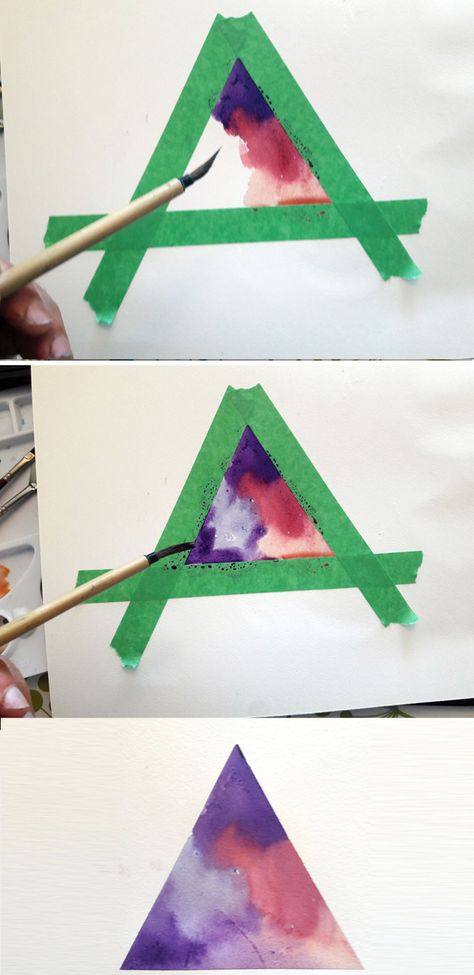 Using masking tape and a variegated wash to create a geometric shape inwatercolour Watercolor Art Geometric, Geometric Watercolor Painting, Splatter Paint Canvas, Masking Tape Art, Tape Wall Art, Weekly Log, Art Placement, Watercolour Ideas, Recreation Therapy