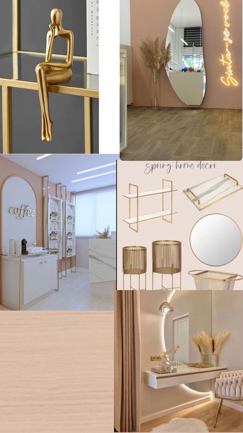 Nail Salon Lighting Ideas, Pink White And Gold Beauty Salon, Brown Aesthetic Beauty Salon, Beauty Salon Waiting Area Ideas, Pink Hair Salon Aesthetic, Beige Beauty Salon, Aesthetic Nail Salon, Pink Salon Aesthetic, Beauty Room Ideas Salon