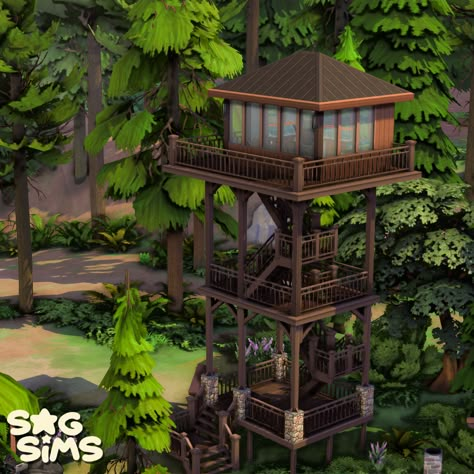 Forest Watch Tower, Granite Falls Sims 4, Sims 4 Granite Falls Build, Sims Cabin, Sims 4 Forest, Ranger Station, Lookout Tower, Sims 4 House Building, Tumblr Sims 4