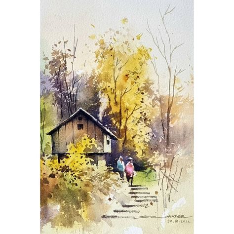 Watercolor Scenery Painting, Watercolor Scenery, Watercolor City, Abstract Art Painting Techniques, Japanese Drawings, Scenery Paintings, Landscape Watercolor, Art Drawings Sketches Pencil, Landscape Art Painting