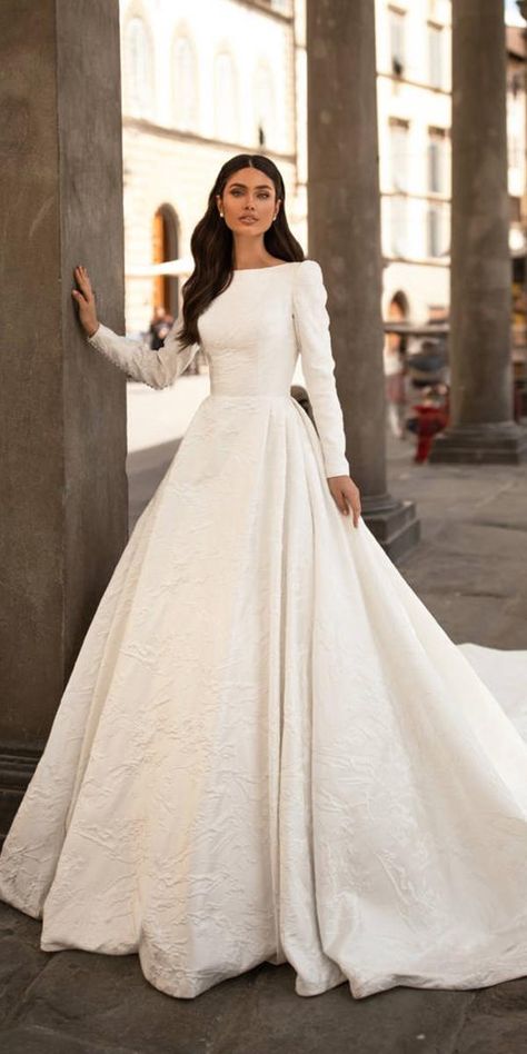 modest wedding dresses with long sleeves a line simple millanova Boho Wedding Dress With Sleeves, Baju Kahwin, Wedding Dress Guide, Purple Bridesmaid Dresses, White Wedding Dress, Bridal Musings, Dress Guide, Modest Wedding, Wedding Dress Trends