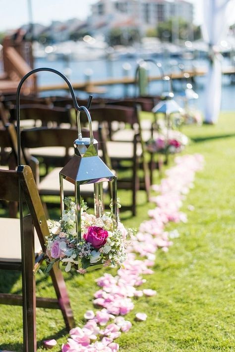 Lantern With Flowers Inside, Wedding Aisle Lanterns, Woodland Reception, Hanging Lanterns Wedding, Garden Plants Ideas, Wedding Aisle Decorations Outdoor, Isle Decor, Aisle Arrangements, Lanterns With Flowers