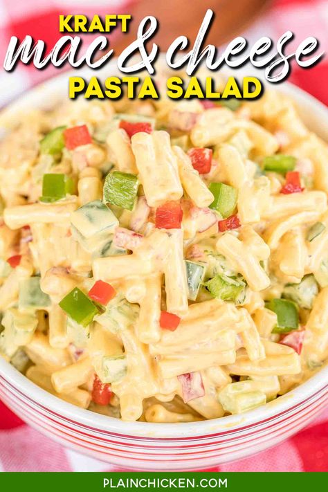 Mac & Cheese Pasta Salad – transform a box of Kraft Macaroni & Cheese into the most delicious pasta salad EVER!!! INGREDIENTS: *Mac and Cheese mix *mayonnaise *celery *green bell pepper *green onions *pimentos Seriously delicious! I took this to a potluck and everyone gobbled it up. Nobody could believe that it started with a blue box of mac & cheese! Give this a try ASAP!