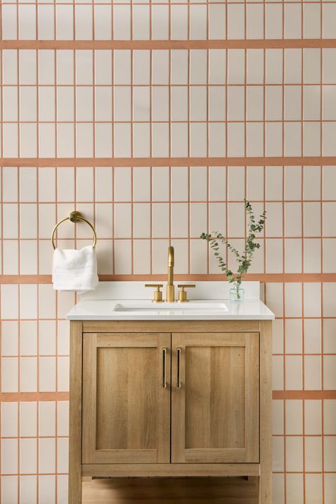 Terracotta Grout, Coral Pink Bathroom, Pink Bathroom Design, Akdo Tile, Neutral Tile, Coloured Grout, Ceramic Subway Tile, Design 2023, Tile Grout