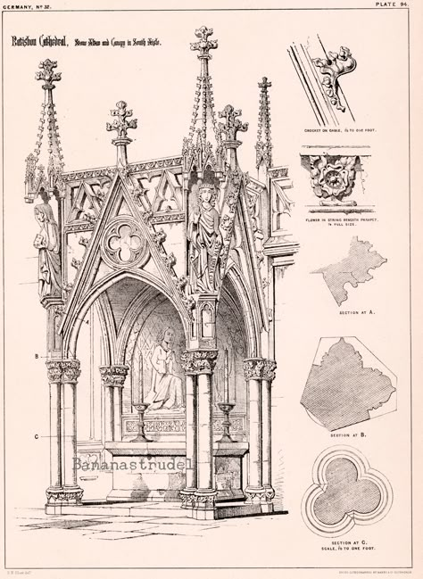 This is an elegant 1872 architectural plate showing Ratisbon Cathedral in Regensburg, Germany, specifically the stone altar and canopy in the south aisle. Size: approx. 9.75 inches x 13.5 inches This antique print, part of a portfolio of richly detailed architectural drawings by renowned Victorian architect Richard Norman Shaw, is in very good condition. The full print is shown in the last photo. Other photos show details from the print. For the other plates in this series, click on: https://www Altar Drawing, Victorian Cathedral, Stone Altar, Regensburg Germany, Antique Architecture, Gothic Buildings, Cathedral Architecture, Architecture Design Sketch, Cathedral City