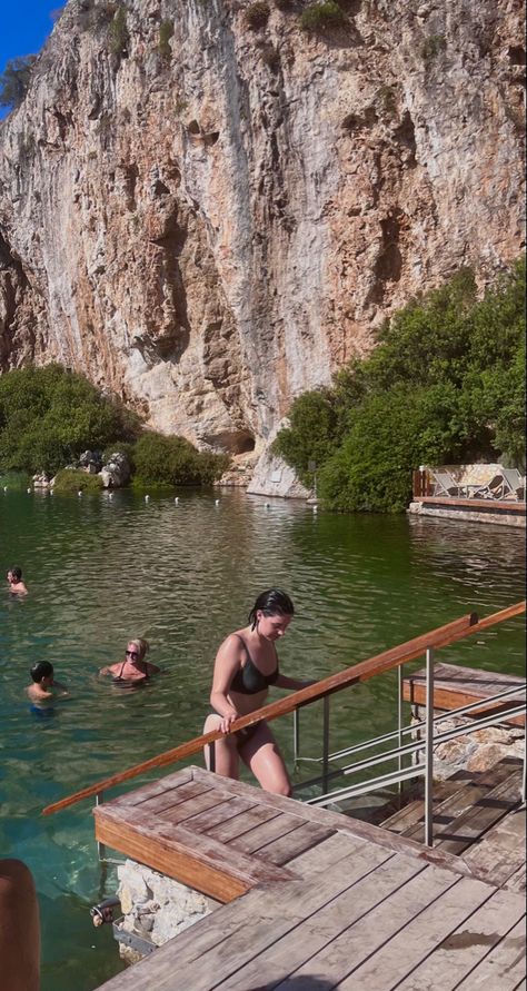 Swimming in athens greece aesthetic. Women in green bikini in vouliagmeni lake, day trip. Summer in europe vibes. Athens Greece Aesthetic, Greece Summer Aesthetic, Summer In Greece Aesthetic, Athens Beach, Summer In Europe, Greece Aesthetic, Ancient Athens, Greece Summer, Vacation Activities