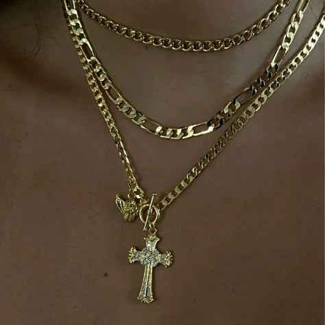 - Cross and cherub / angel necklace - Flat curb chain - Toggle clasp - Hand set clear CZ stones on cross - 14 karat gold or silver plated - Made to last - Length: 18" Mother Mary Necklace Gold, Gold Herringbone Necklace Layered, Trendy Gold Necklaces, Stacking Gold Jewelry, Where To Get Necklaces, Gold Necklace Inspiration, Good Jewelry Stack, Shein Gold Necklace, Unique Jewelry Gold