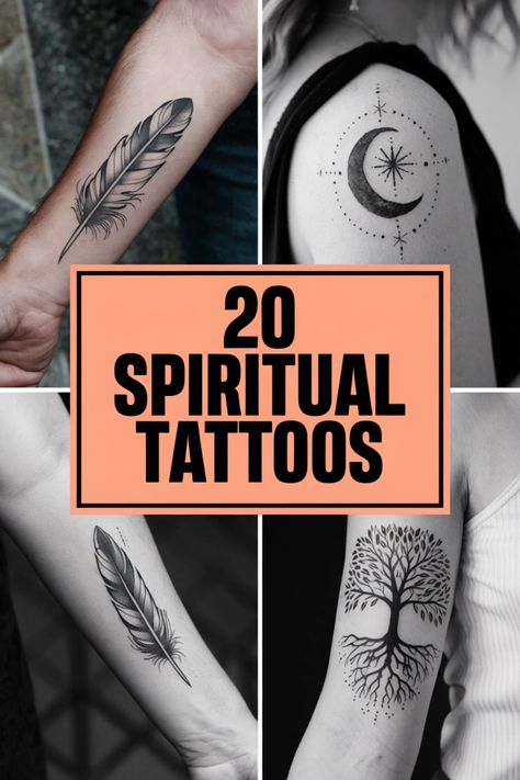 20 spiritual tattoo designs, including feathers, moon and stars, and a tree of life. Divine Feminine Tattoo Meaning, Symbols Of Growth Tattoos, Spiritual Stomach Tattoos, Spiritual Cover Up Tattoos, Mantra Tattoo Design For Women, Tattoos With Spiritual Meaning, Spiritual Meaning Tattoos, Symbol Of Protection Tattoo Spiritual, Soul Ties Tattoo Ideas