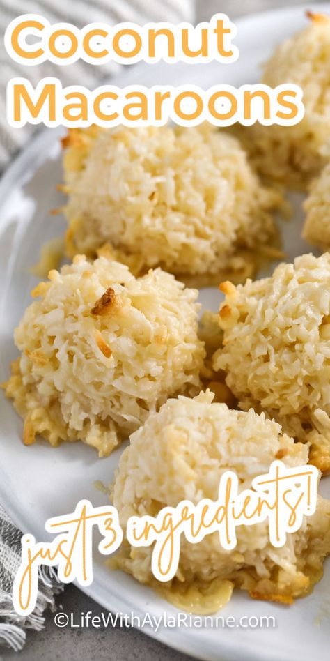 Easy 3-ingredient coconut macaroons—just mix, bake, and enjoy these chewy, golden treats perfect for any occasion! This recipe uses just sweetened condensed milk, coconut, and vanilla to make delicious cookies. via @aylarianne 3 Ingredient Coconut Macaroons, Sweetened Condensed Milk Desserts, Macaroons Easy, Condensed Milk Recipes Easy, Coconut Sweetened Condensed Milk, Coconut Condensed Milk, Condensed Milk Desserts, Coconut Sheet Cakes, Coconut Macaroons Easy